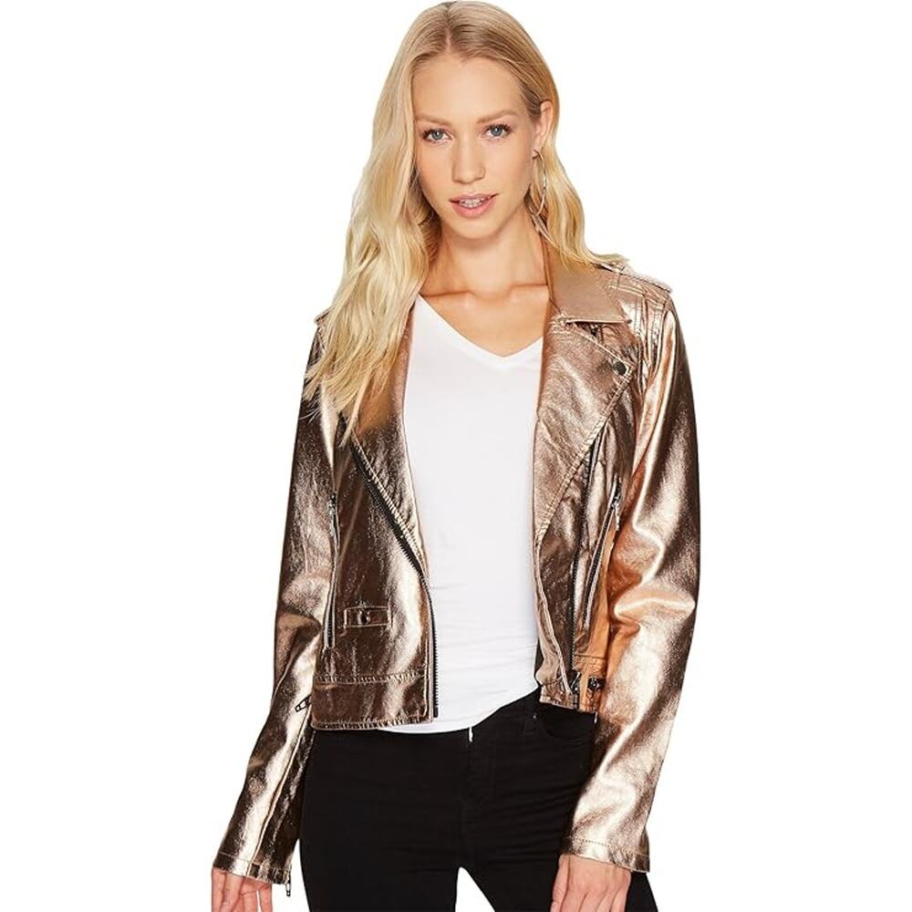 BlankNYC Metallic Faux Leather Full Zip Moto Jacket Rose Gold Women's Size XS